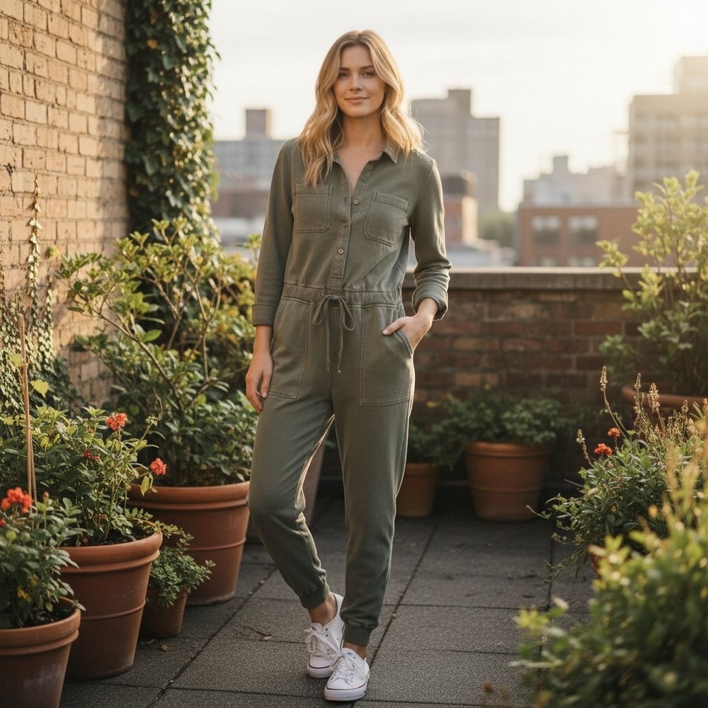 James Perse mixed-media utility jumpsuit olive green collared shirt top Sz 1 S